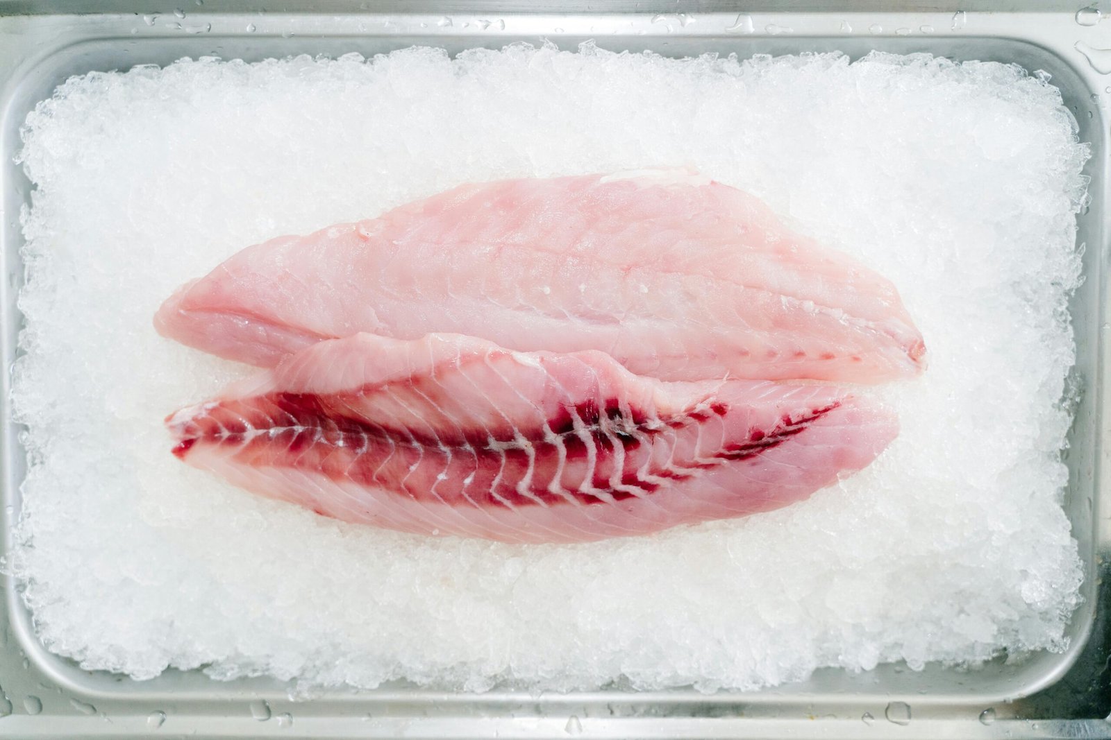 Top view of fresh fish fillets on ice in a metal tray, ideal for seafood or cooking themes.